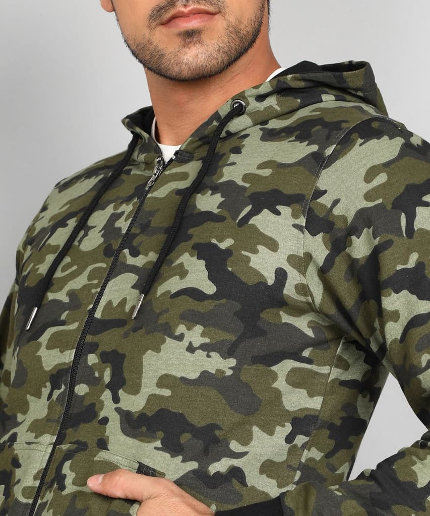 Men's Khaki Green Regular Fit Camouflage Printed Full Sleeve Casual Hooded Sweatshirt — photo 6