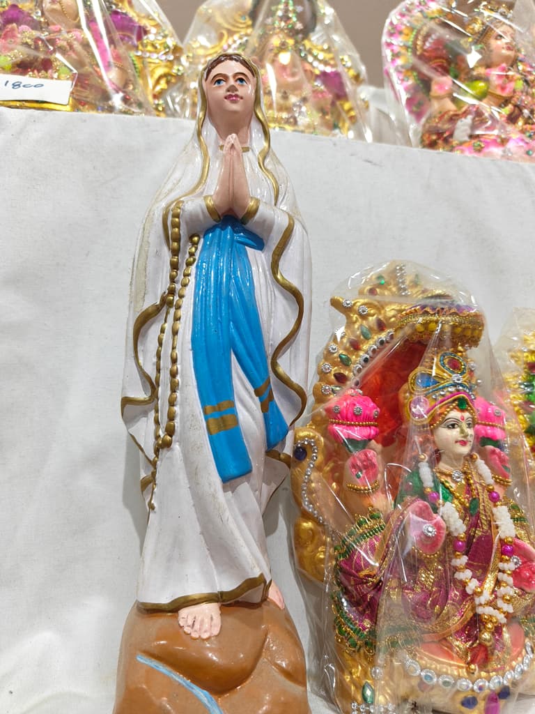White Statue of Mary | Religious Decoration | Gold | Blue
