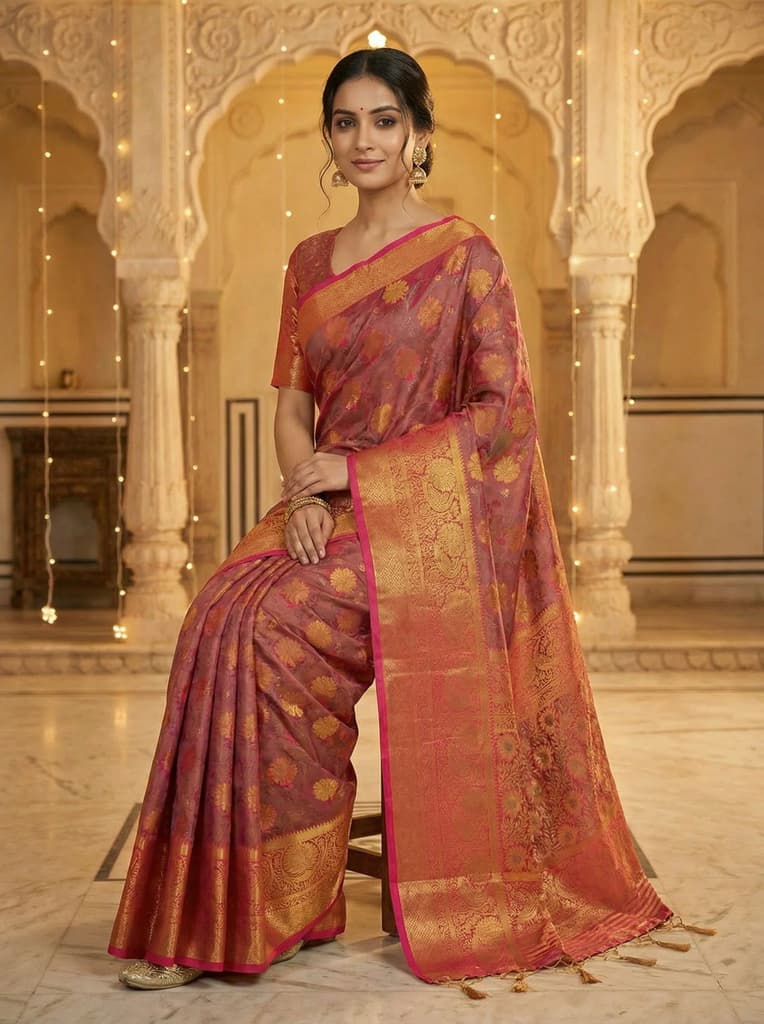 MIMOSA Women's Woven Design Kanjivaram Style Art Silk Saree with Blouse Piece - Rani ( SA00003142RNFREE ) — photo 4