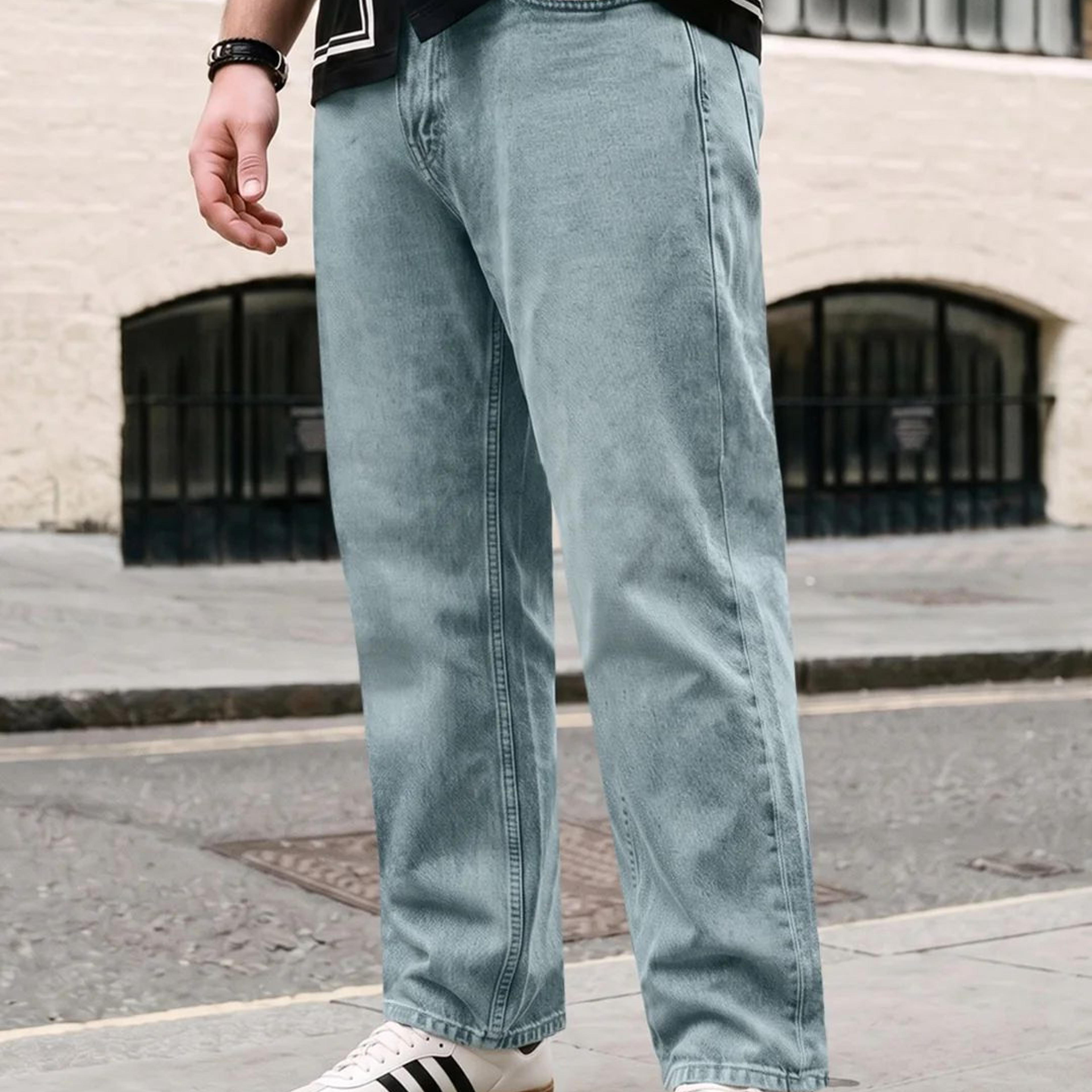Plus Men's Ice Blue Relaxed Fit Washed Denim Jeans Non-Stretchable