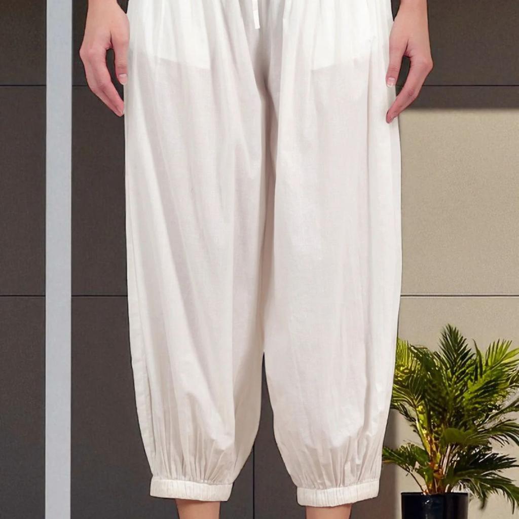 White Ankle Length Pure Cotton Gathered Pants