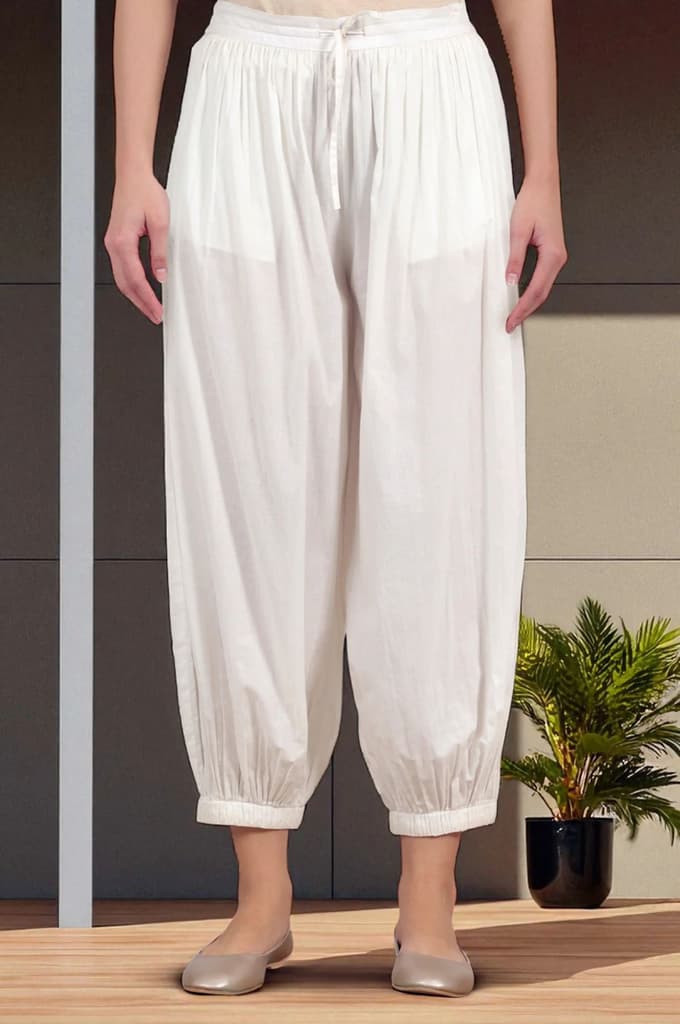 White Ankle Length Pure Cotton Gathered Pants