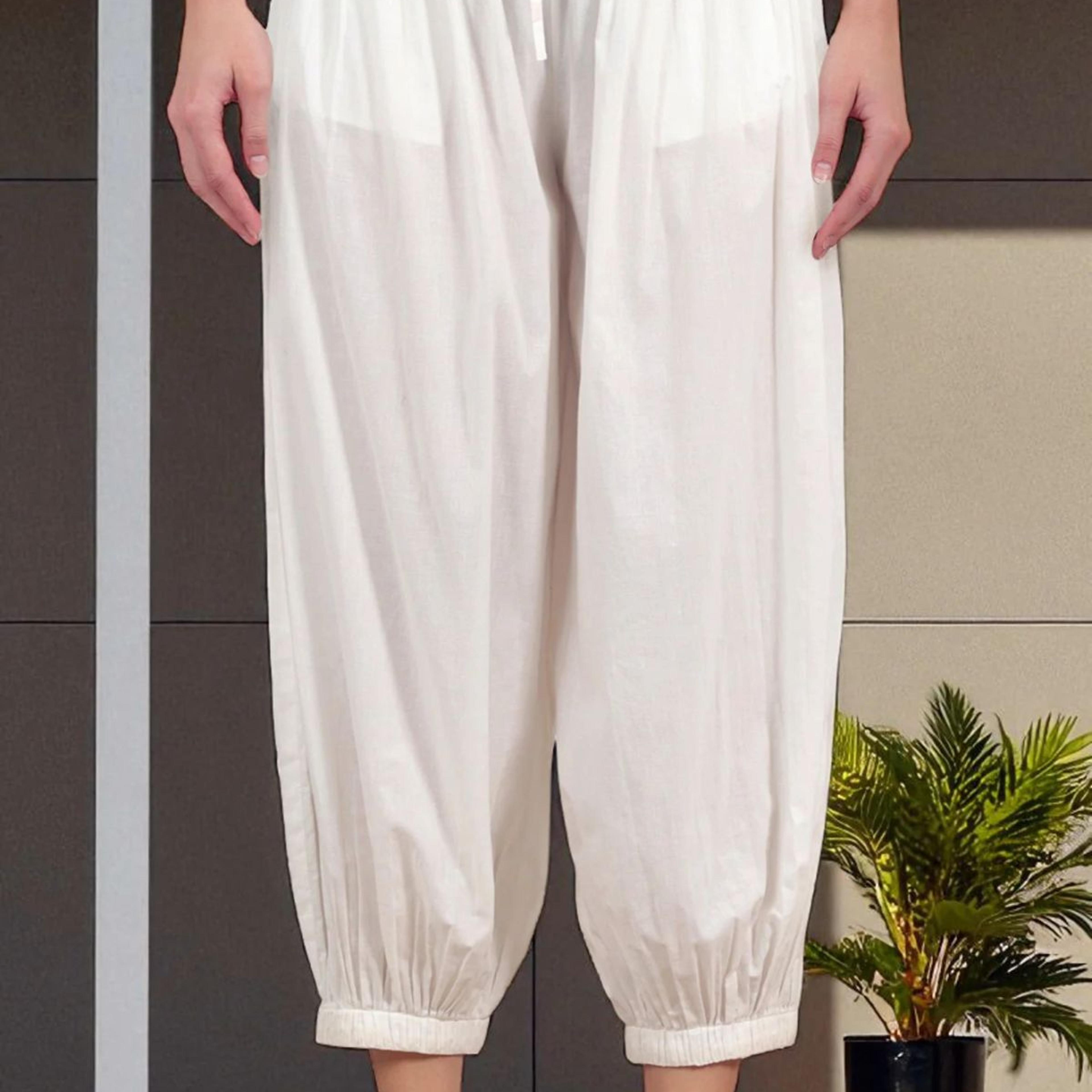 White Ankle Length Pure Cotton Gathered Pants