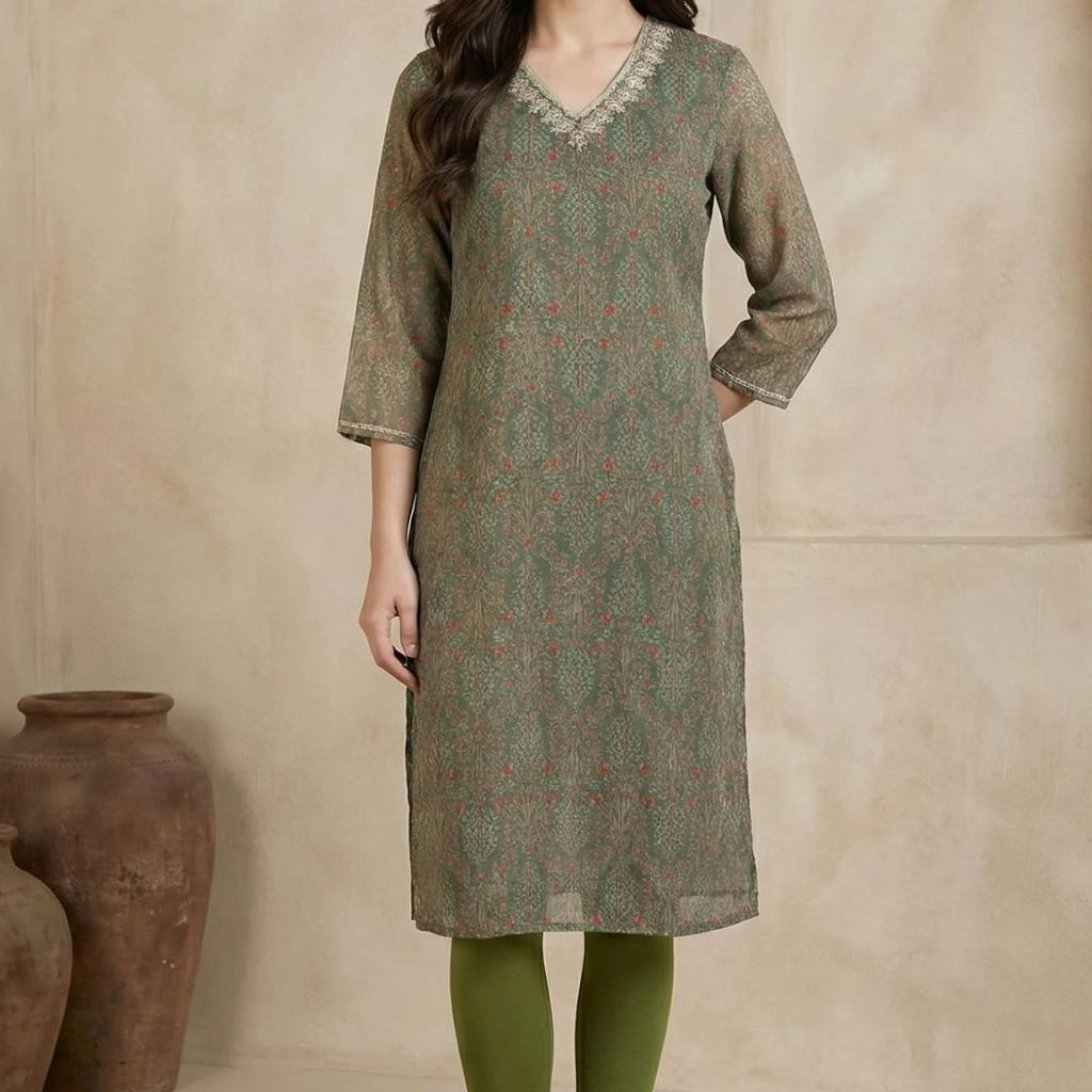 Green Botanical Printed Chiffon Straight Kurta with Sequin