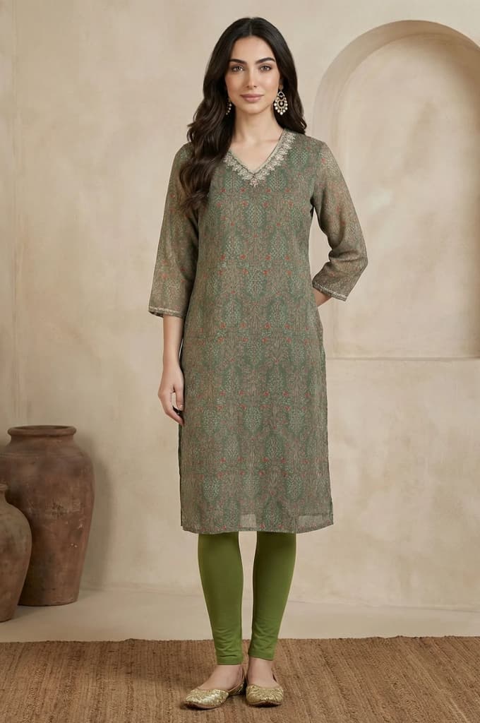 Green Botanical Printed Chiffon Straight Kurta with Sequin — XS