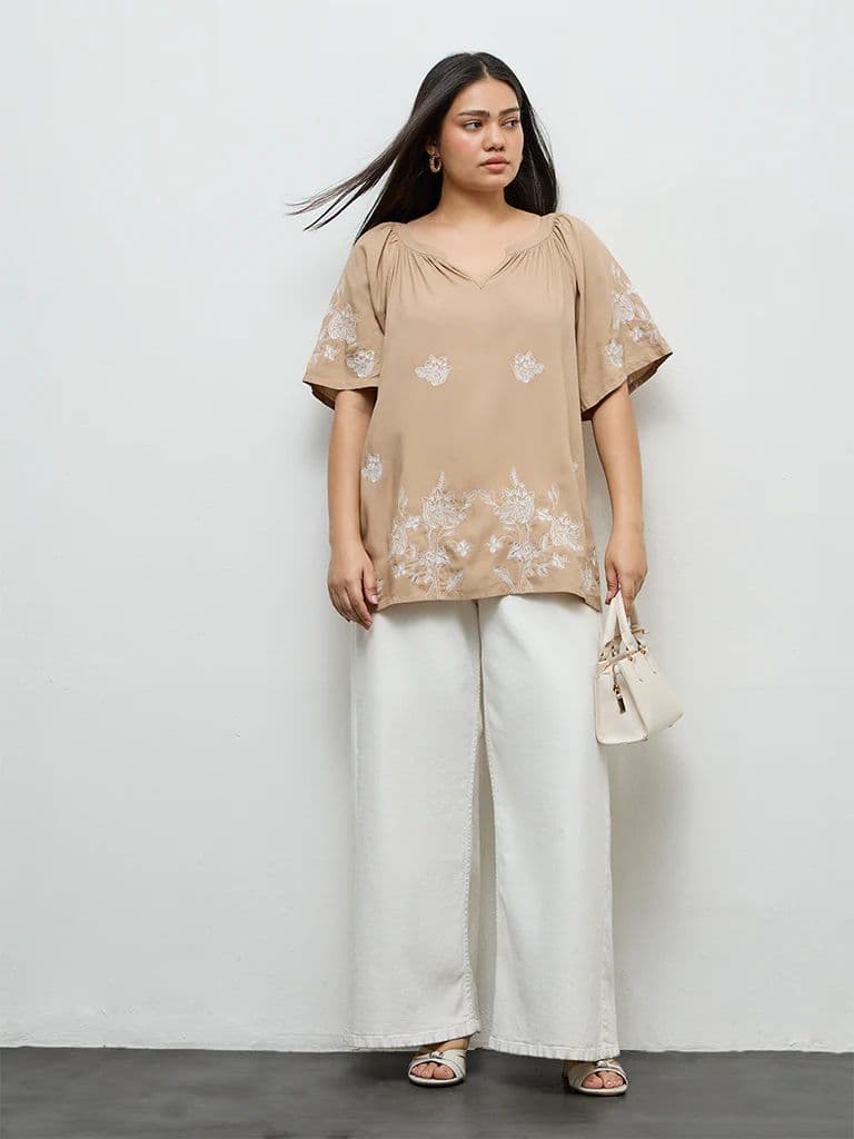 Gia Beige Floral Embroidered Top — photo 2