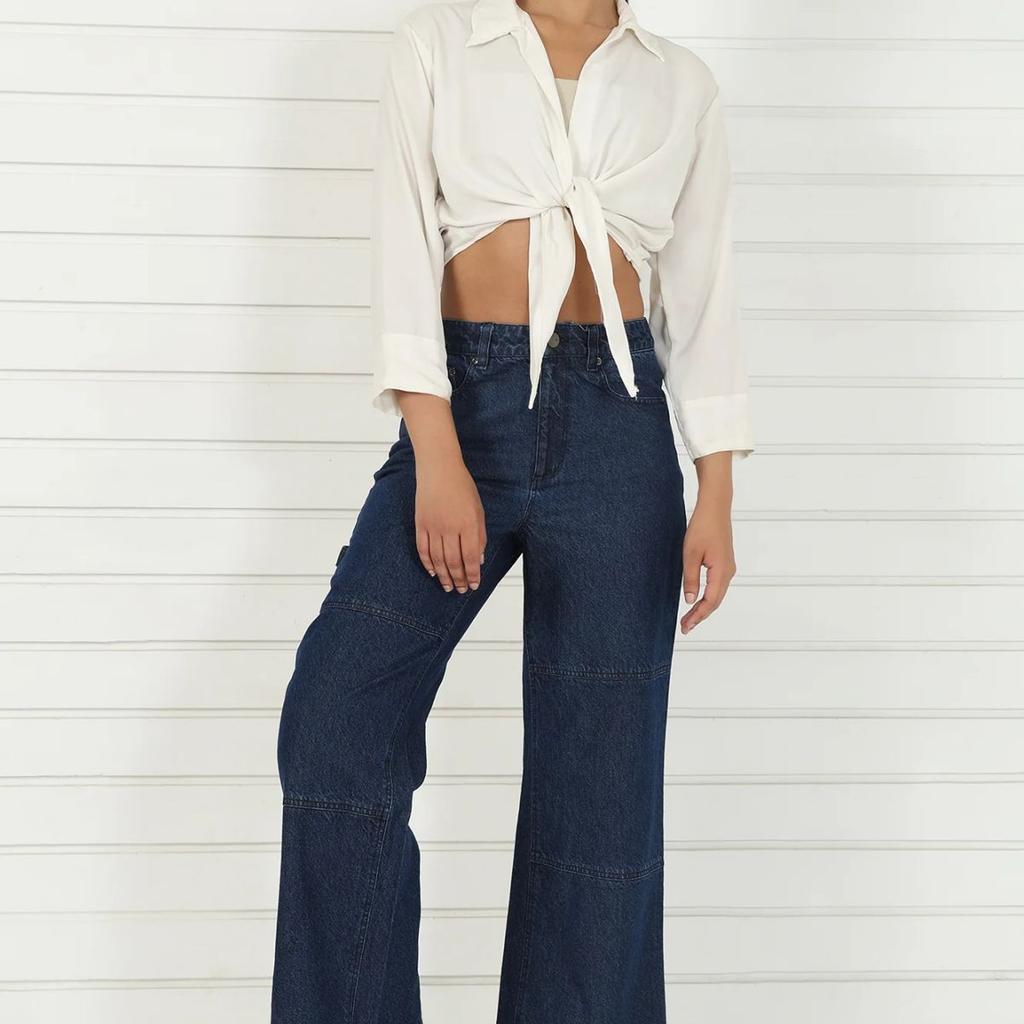 Blue Denim Mid Rise Ankle Length Flared Pants with YKK Zipper