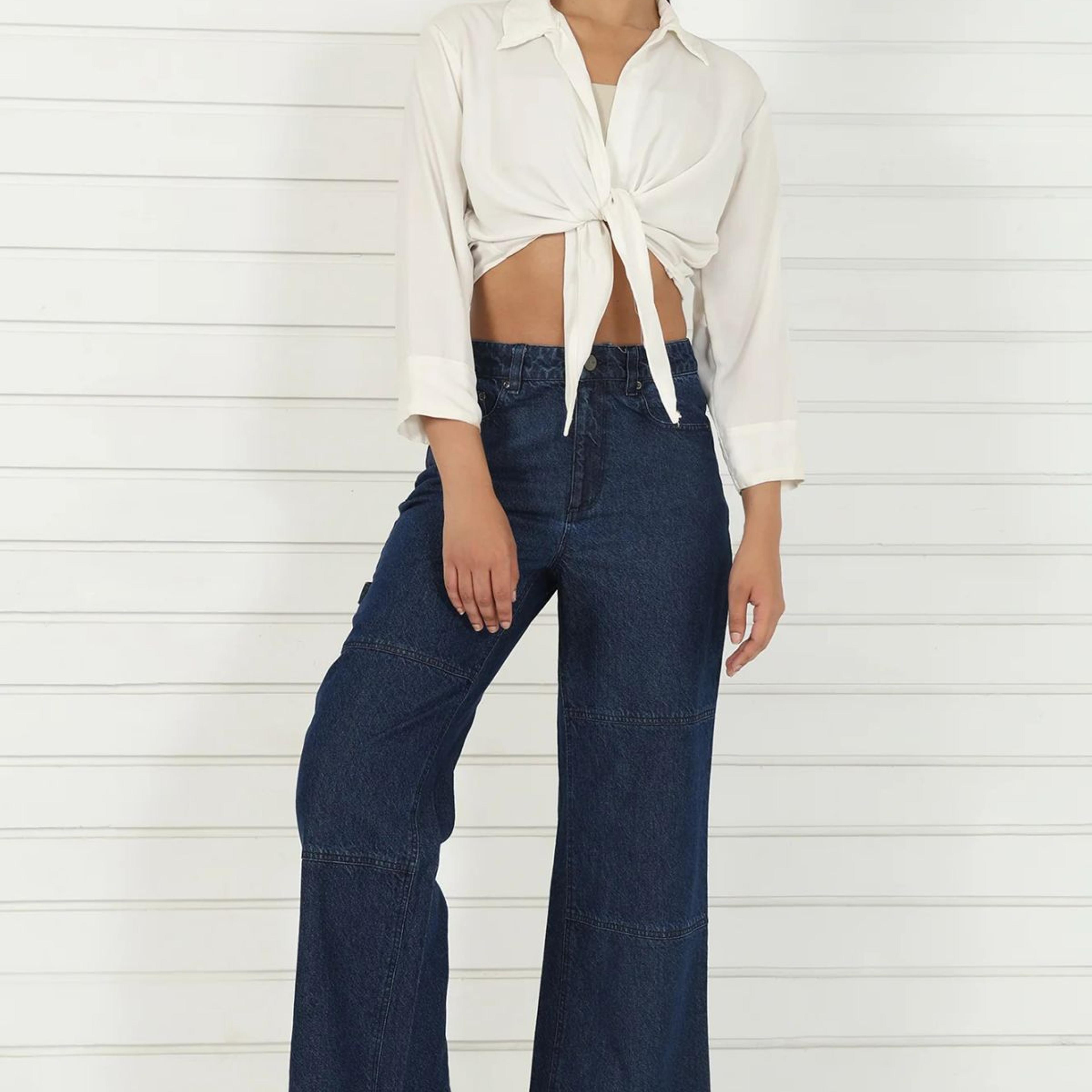 Blue Denim Mid Rise Ankle Length Flared Pants with YKK Zipper