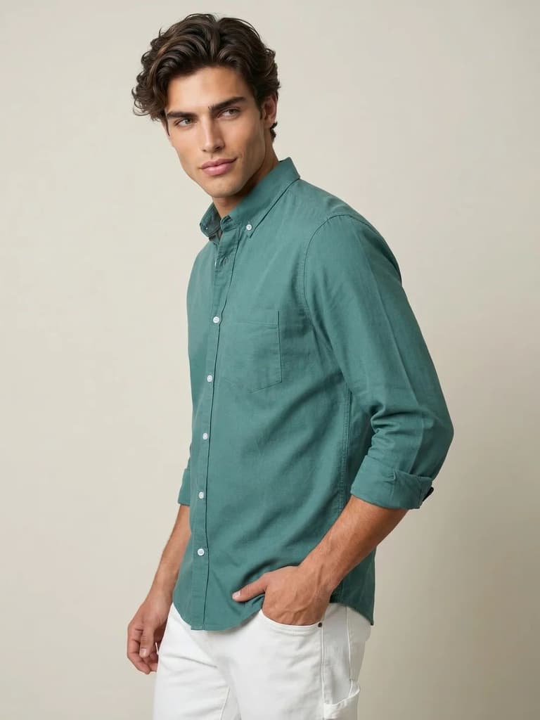 Men's Teal Green Cotton Full Sleeve Regular Fit Solid Oxford Shirt With Button-Down Collar — photo 2