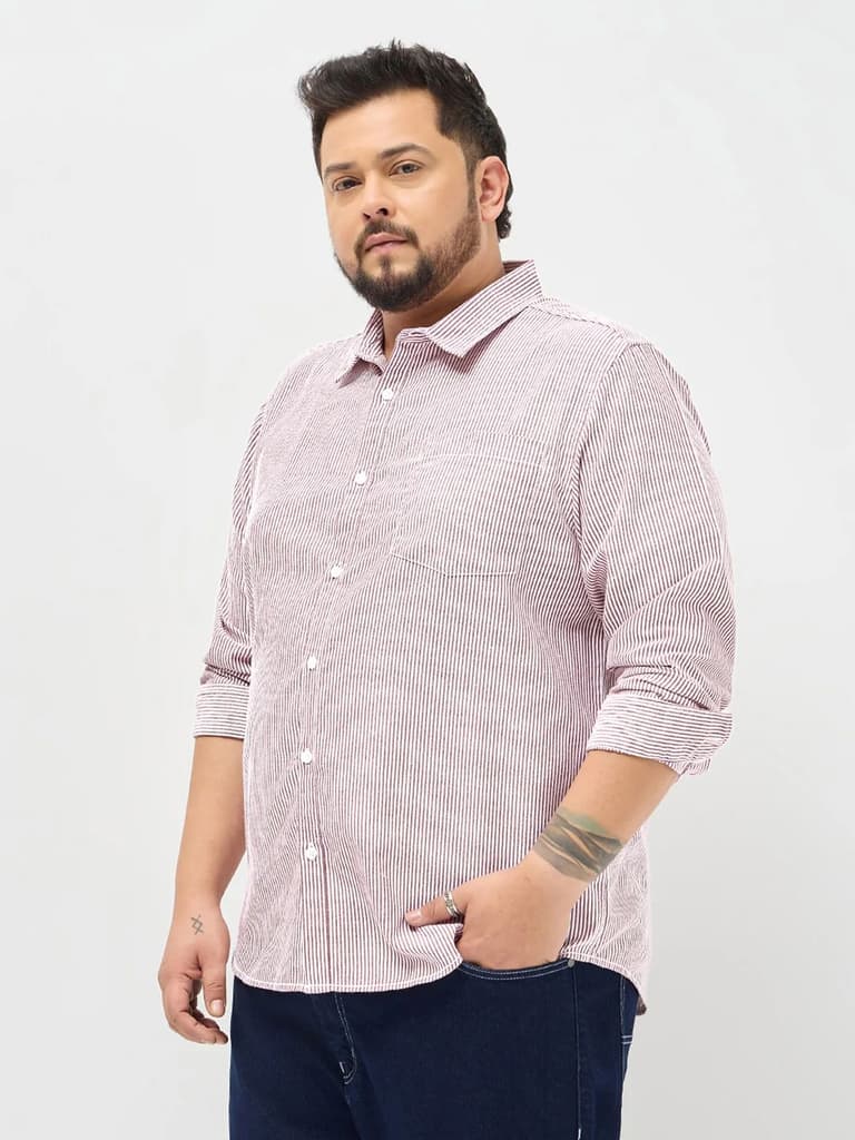 Plus Men's Maroon Cotton Full Sleeve Regular Fit Casual Striped Shirt — photo 3