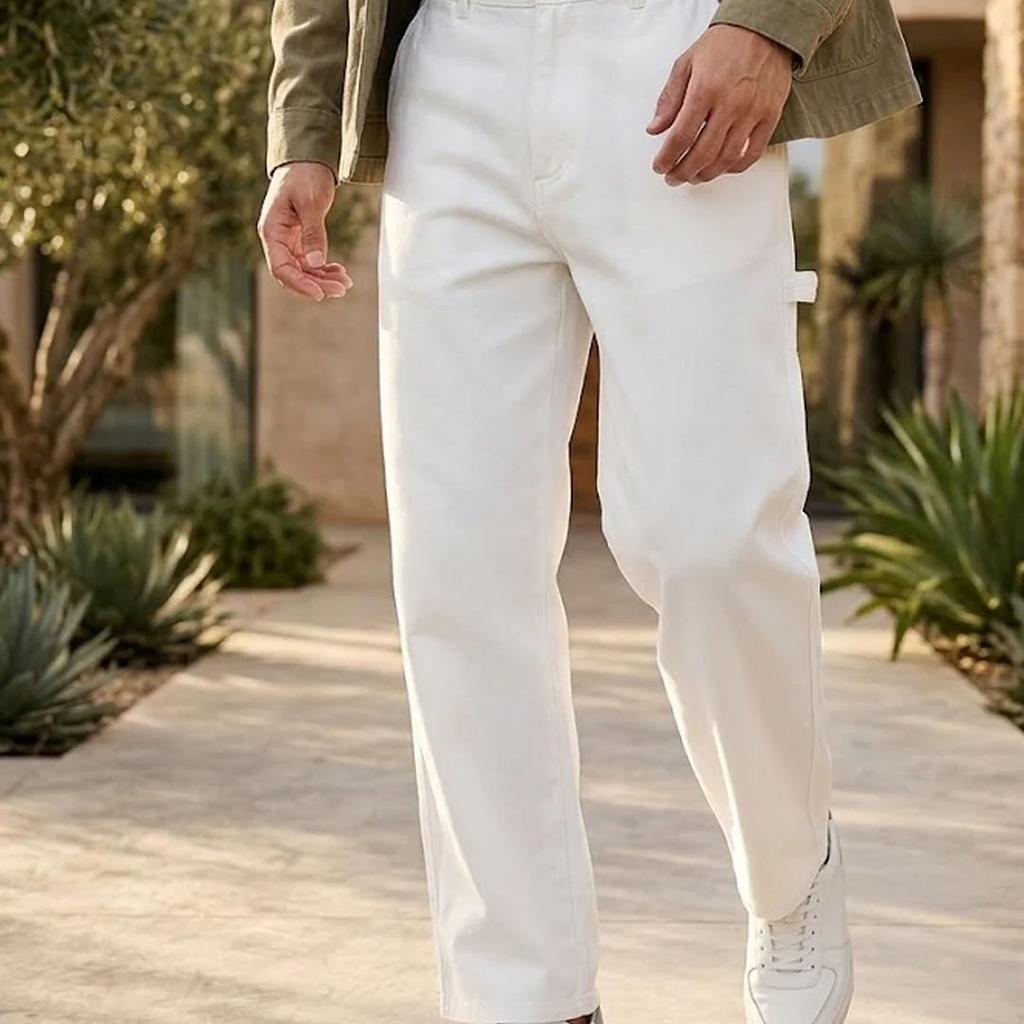 Men's White Loose Baggy Fit Solid Carpenter Trouser Pant with 5 Pockets Non-Stretchable