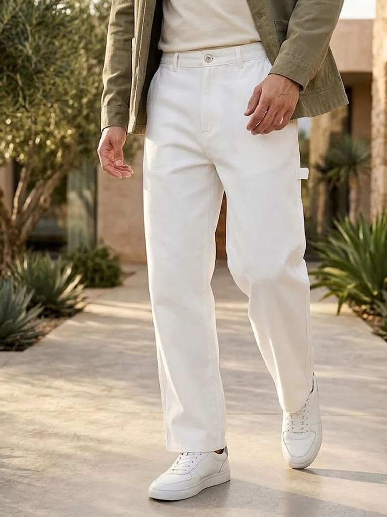 Men's White Loose Baggy Fit Solid Carpenter Trouser Pant with 5 Pockets Non-Stretchable — 28 / White