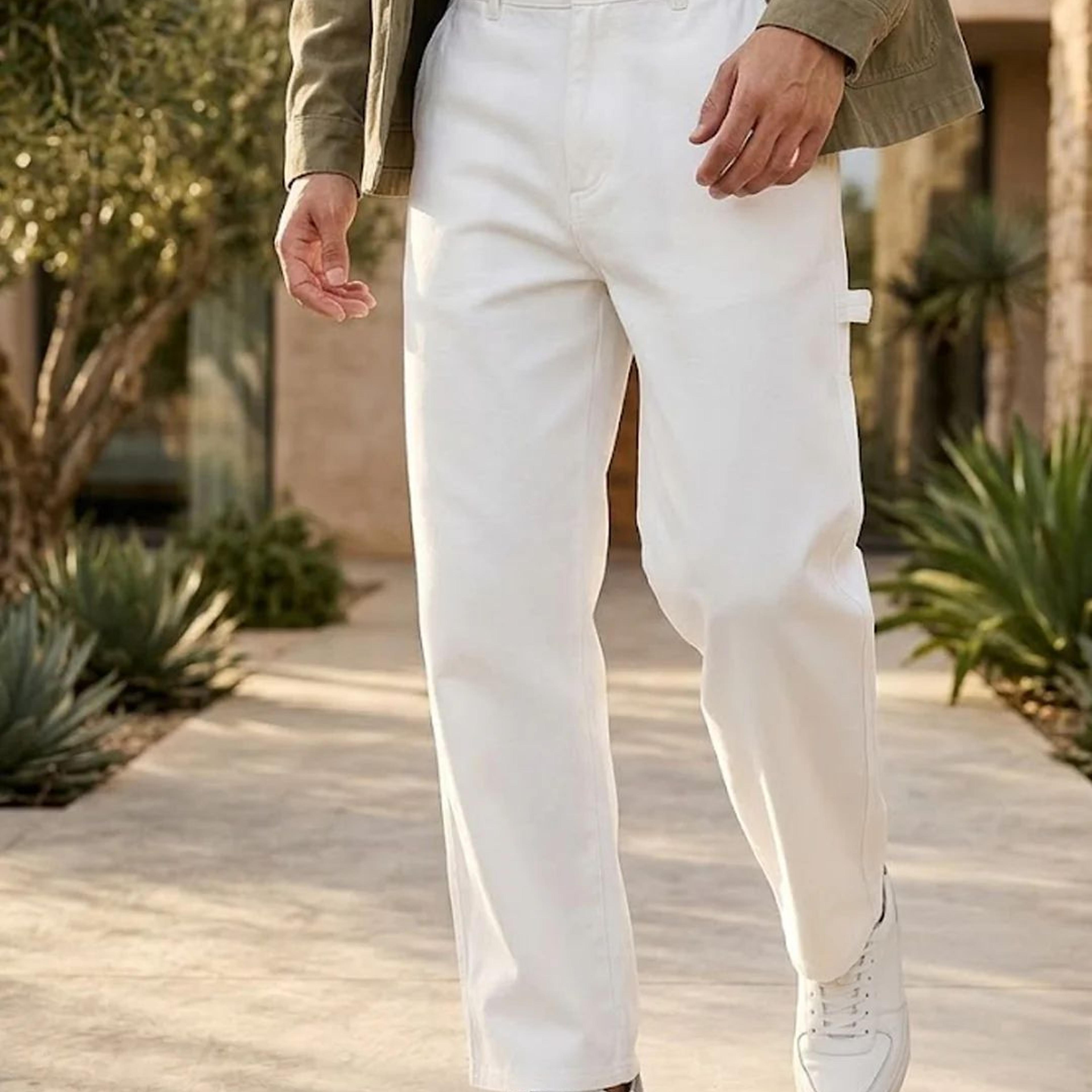 Men's White Loose Baggy Fit Solid Carpenter Trouser Pant with 5 Pockets Non-Stretchable