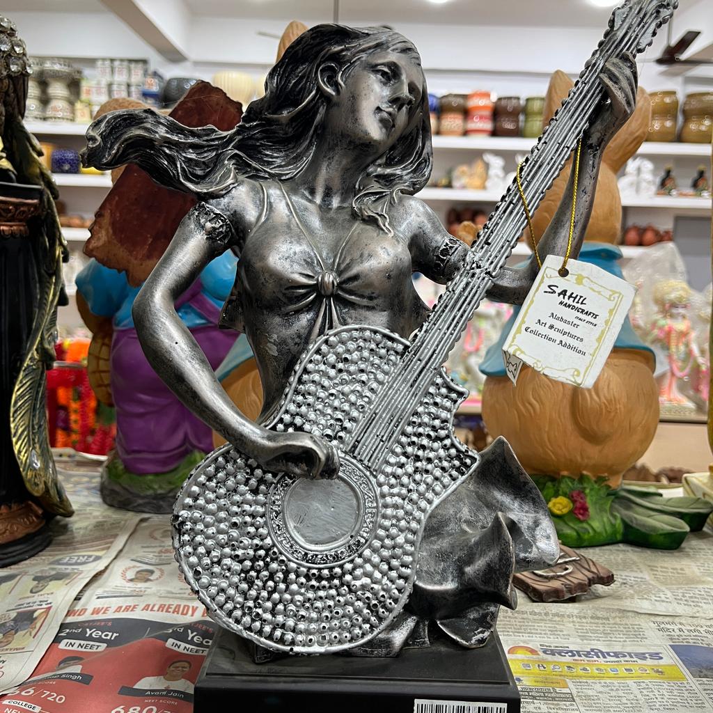 Statue of a Woman Playing Guitar | Sculpture | Bronze | Brown
