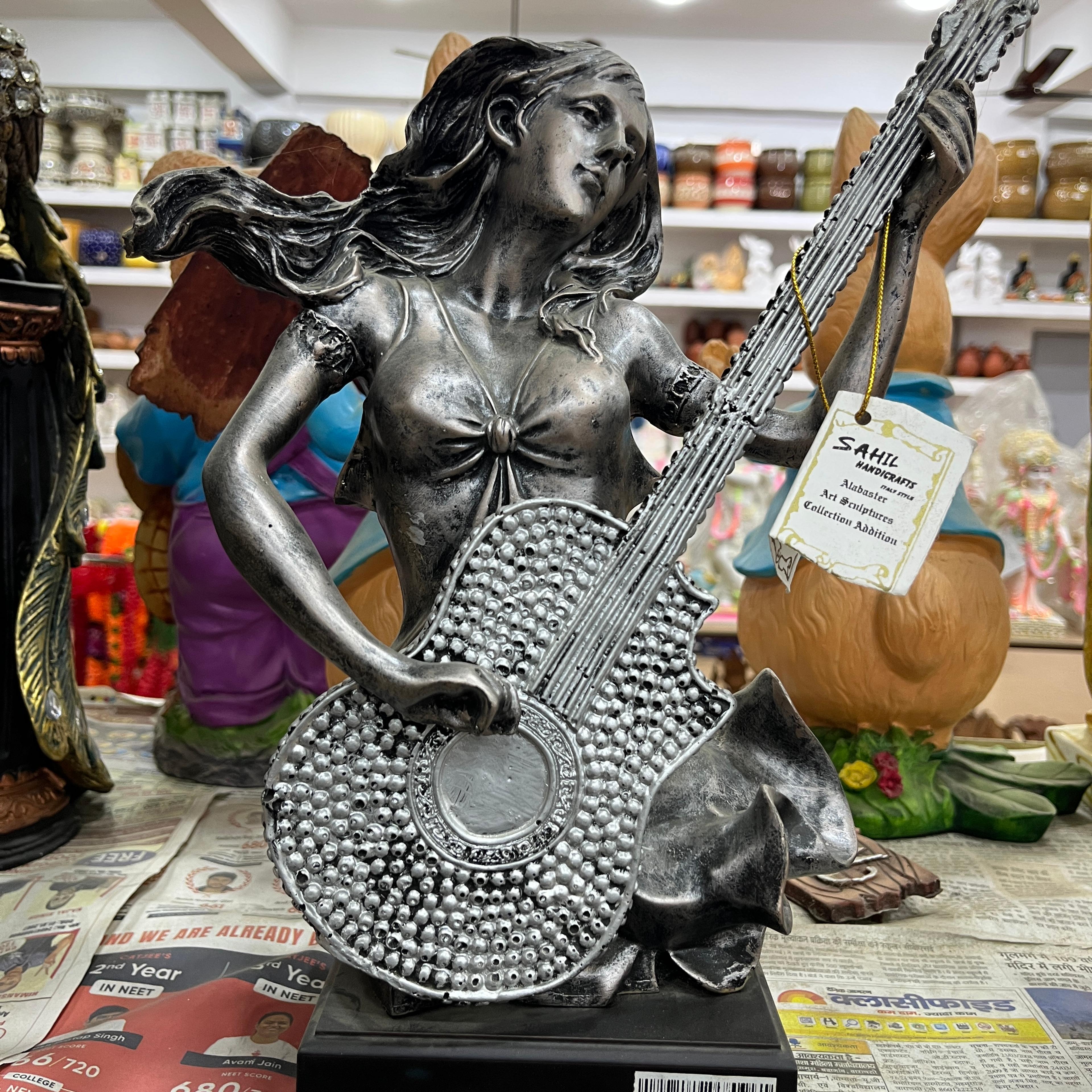 Statue of a Woman Playing Guitar | Sculpture | Bronze | Brown
