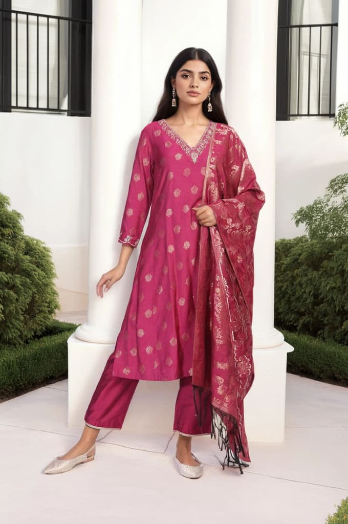 Magenta Embroidered Jacquard A-Line Kurta with Straight Pant and Dupatta Set — XS