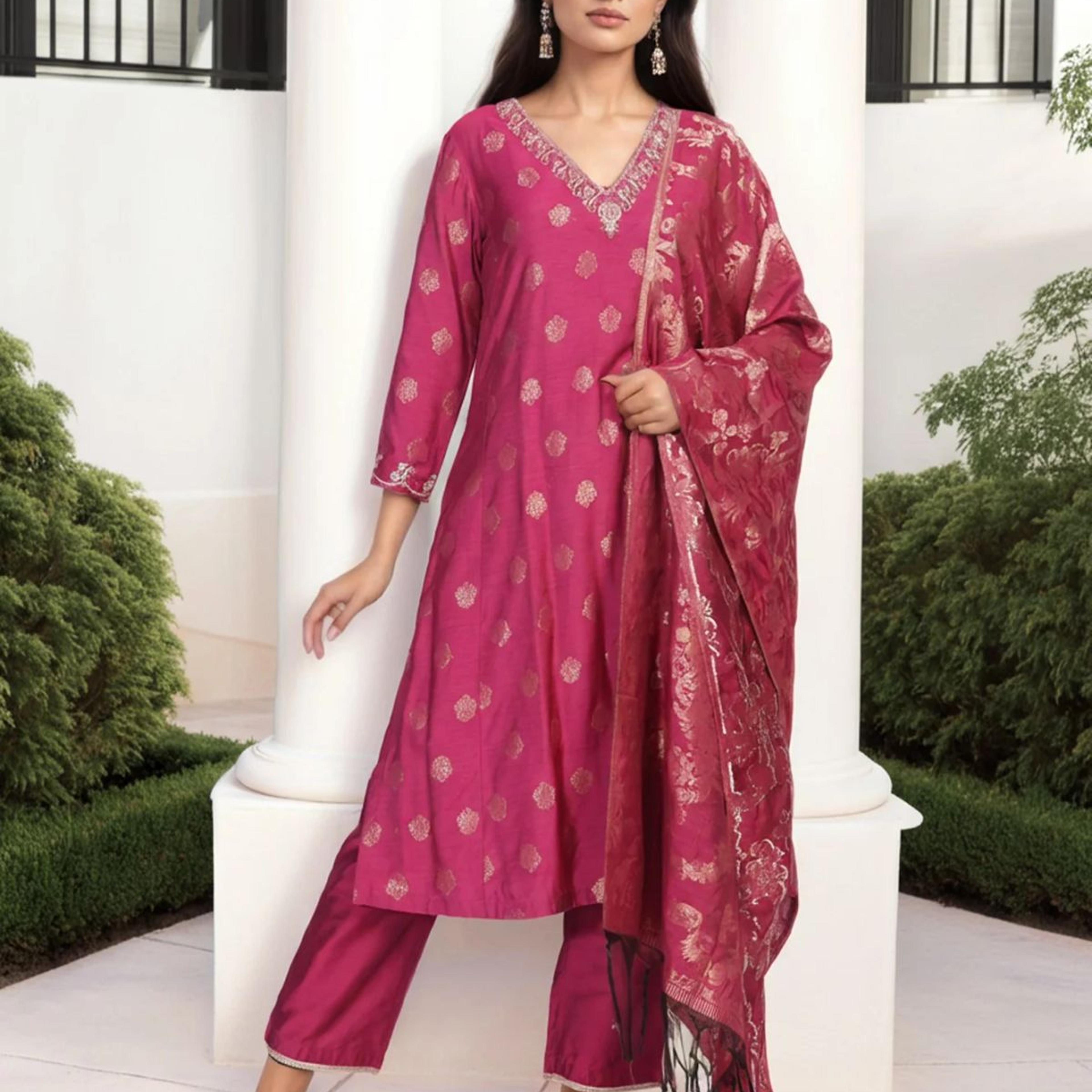Magenta Embroidered Jacquard A-Line Kurta with Straight Pant and Dupatta Set