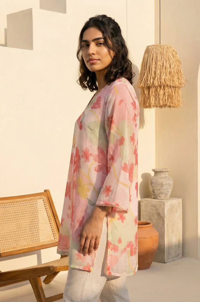 Pink Floral Printed Lace Silver Chiffon Straight Top — photo 4