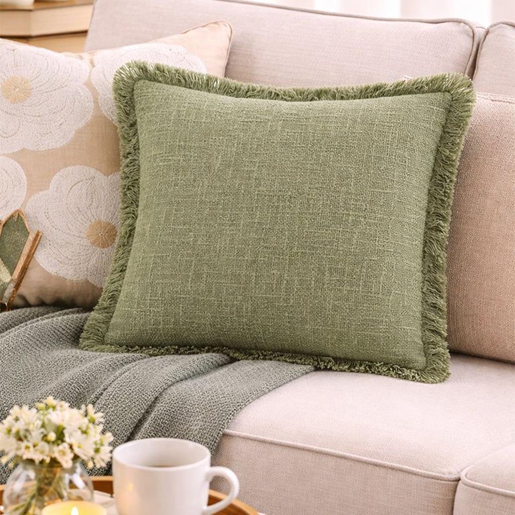 Westside Home Green Textured Fringe-Detail Cushion Cover