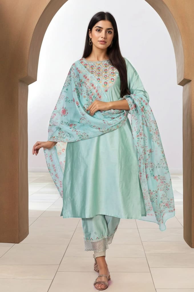 Green Embroidered Straight Jacquard Kurta with Straight Pant and Dupatta Set — photo 2