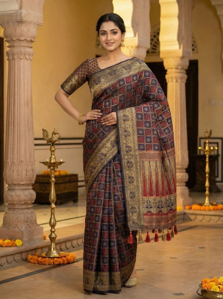 MIMOSA Women's Woven Design Patola Style Raw Silk Saree with Blouse Piece - Navy ( SA00003139NVFREE ) — photo 4