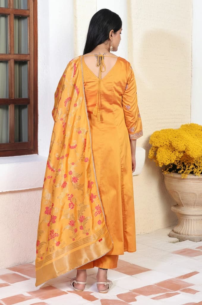 Yellow Embroidered Anarkali Jacquard Kurta with Straight Pant and Dupatta Set — photo 5