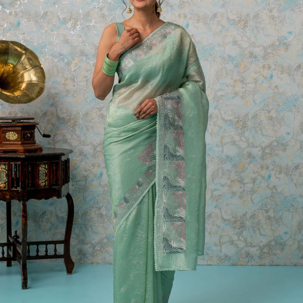 Mimosa Women's Woven Design Banarasi Style Tissue Crush Saree With Blouse Piece : SA00002008PSFREE