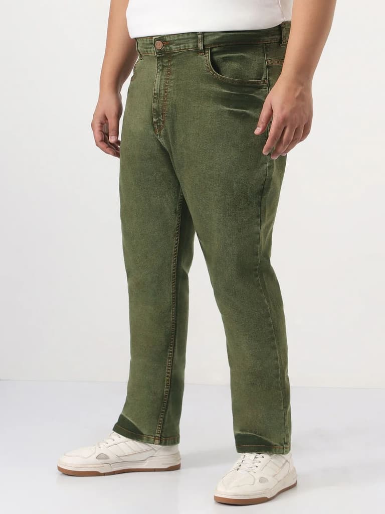 Plus Men's Light Green Straight Fit Heavy Washed Jeans Stretchable — photo 2