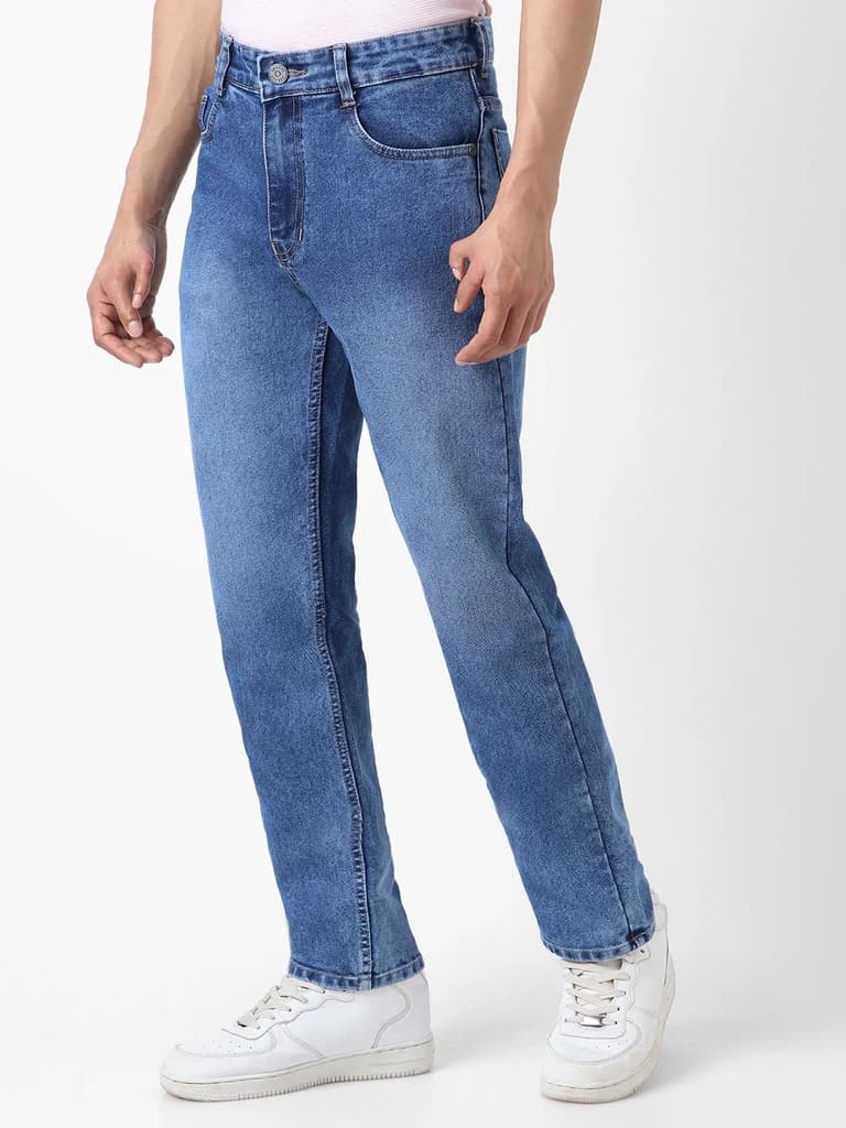 Men's Blue Straight Fit Washed Jeans Stretchable — photo 3