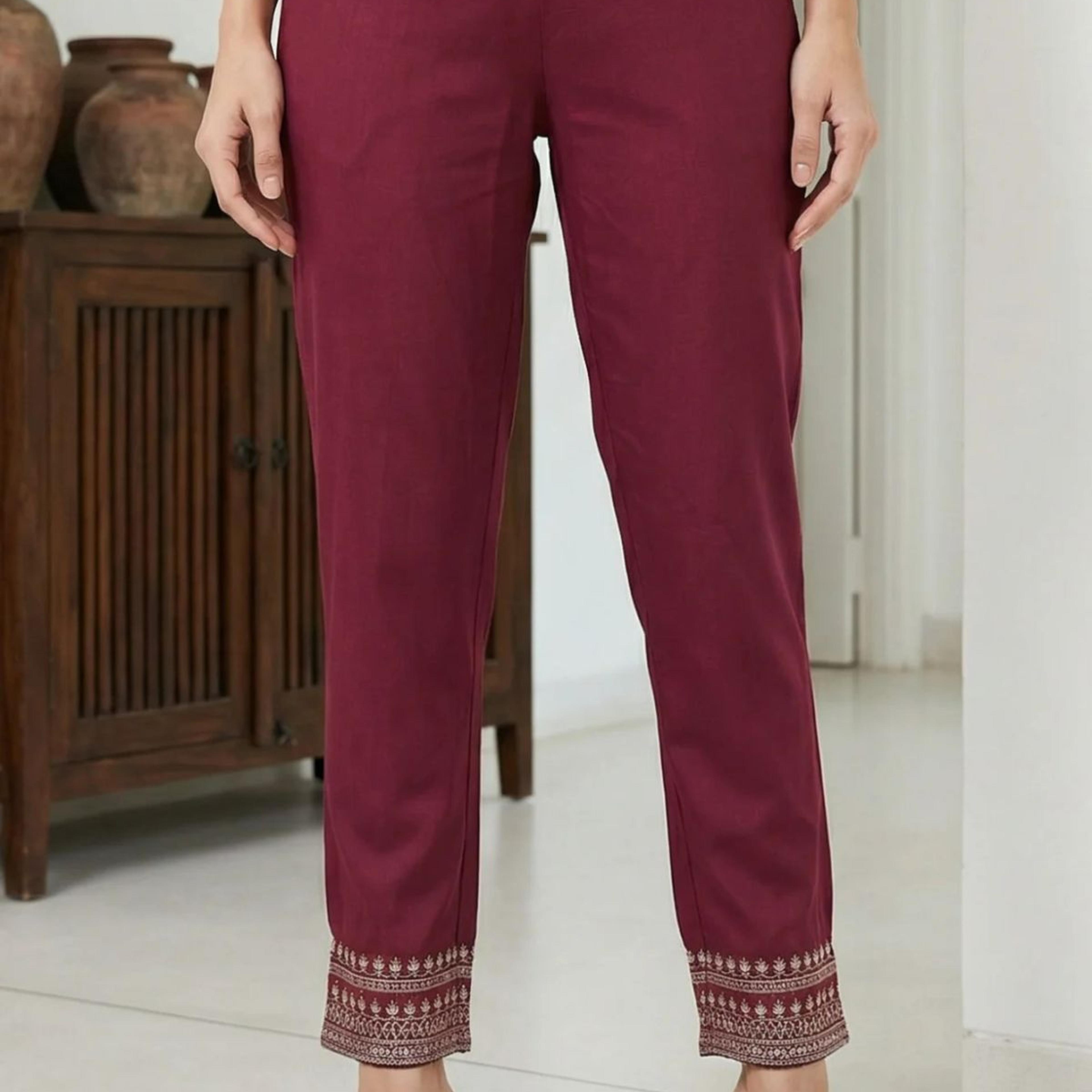 Burgundy Ethnic Motifs Foil Printed Ankle Length Tapered Trousers