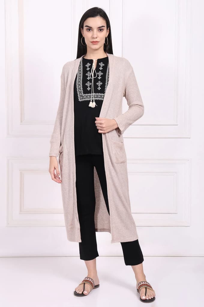 Beige Solid Rayon Winter Trench Jacket — photo 2