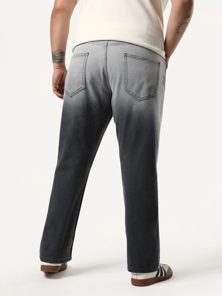 Plus Men's Dark Grey Straight Fit Heavy Washed Faded Denim Jeans Stretchable — photo 4