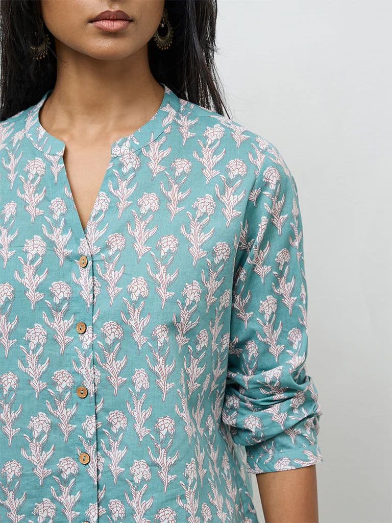 Utsa Aqua Floral Printed Cotton Tunic — photo 3