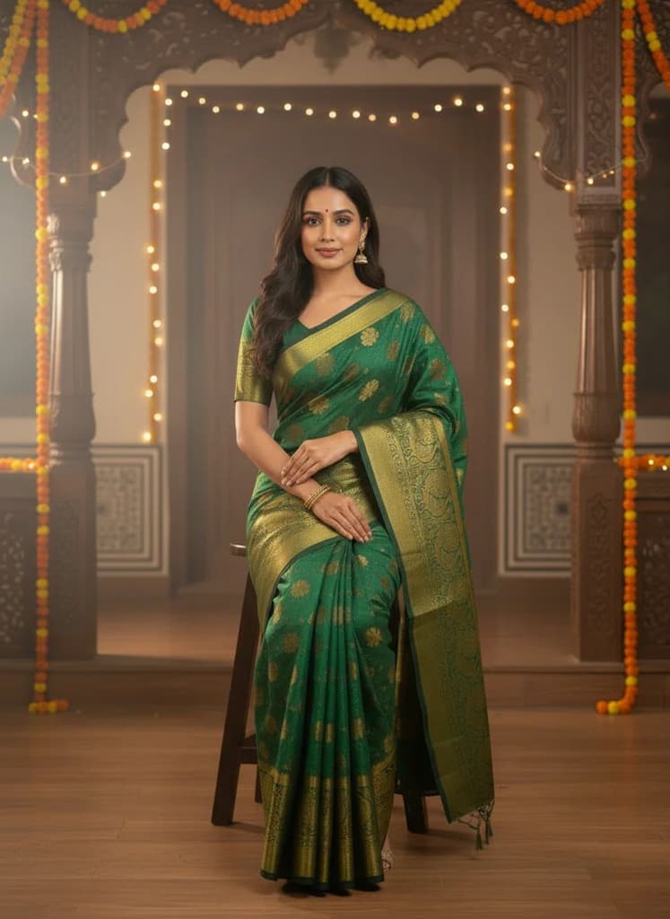 MIMOSA Women's Woven Design Kanjivaram Style Art Silk Saree with Blouse Piece - Green ( SA00003142GRNFREE ) — photo 4