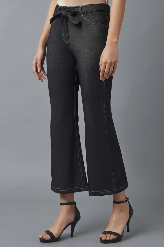 Black Solid Boot Cut Denim Pants With Waist Belt — photo 3
