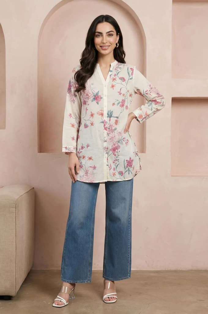 Off White Floral Printed Pure Cotton Straight Tunic — photo 3