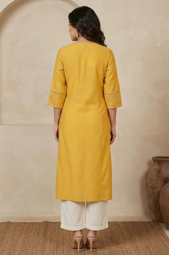 Yellow Embroidered A-Line Rayon Kurta with Straight Pant and Dupatta Set — photo 5