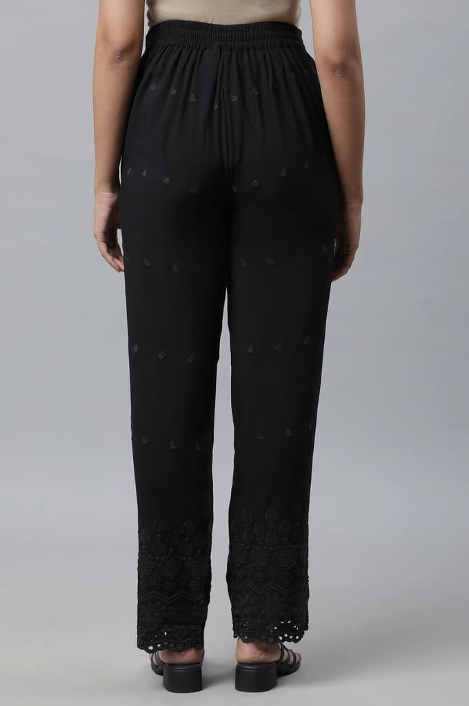 Black Schiffli Embroidered Straight Fit Woven Palazzo With Elasticated Waist — photo 4