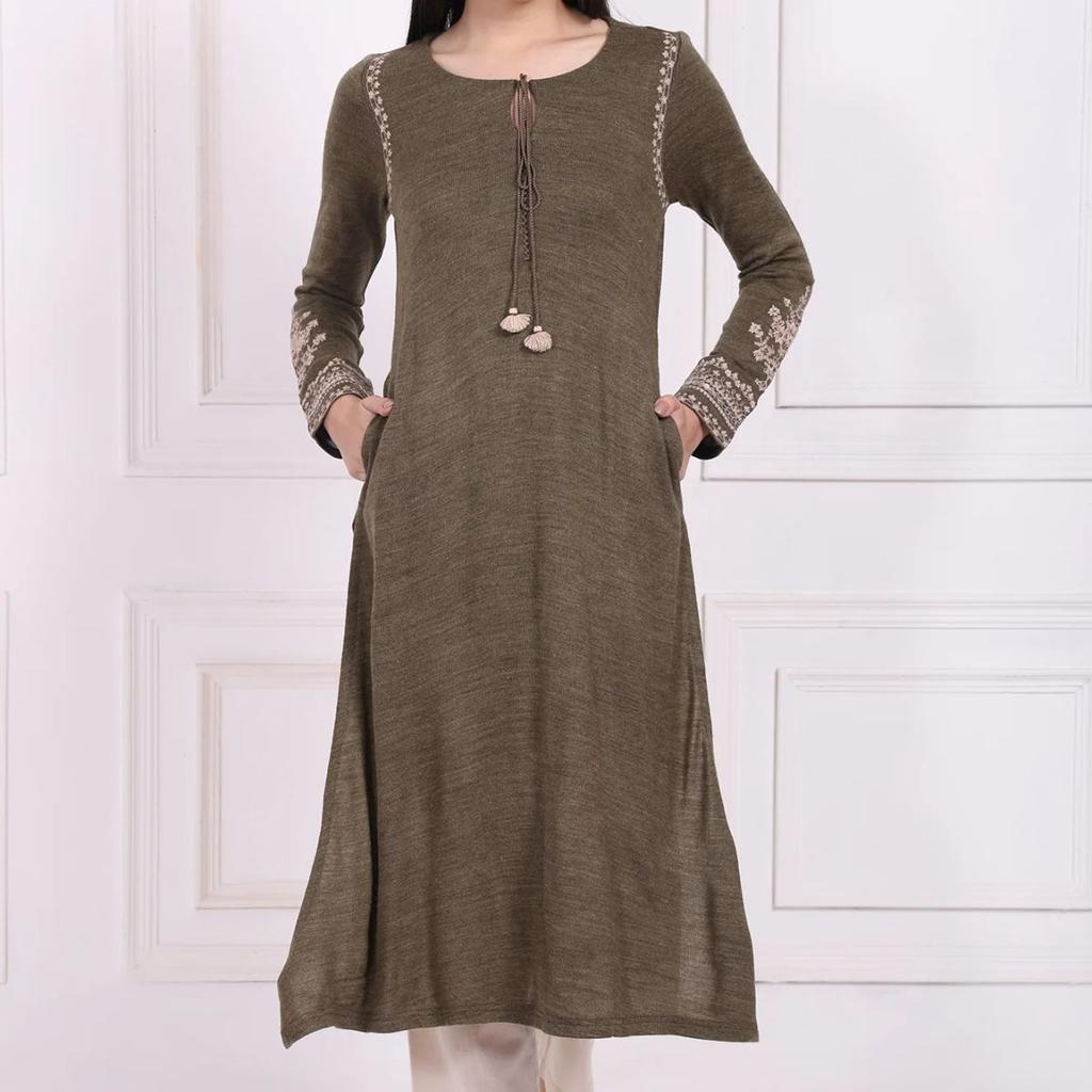 Olive Solid Embroidered Acrylic Straight Kurta