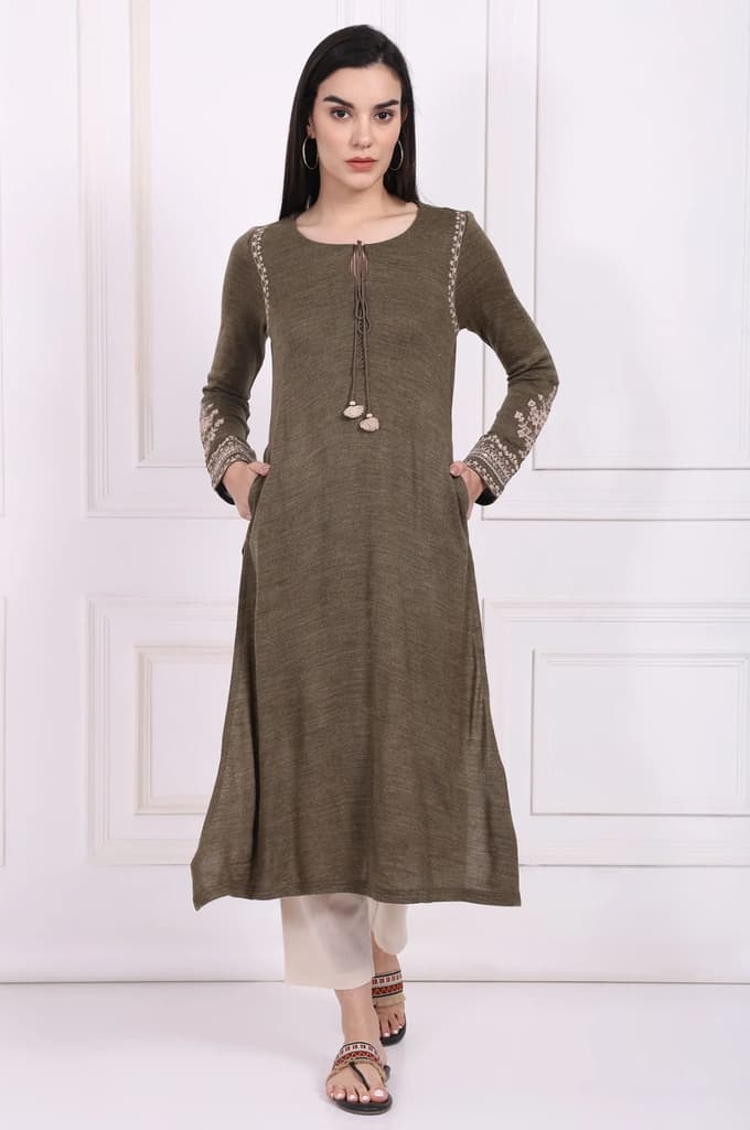Olive Solid Embroidered Acrylic Straight Kurta — XS