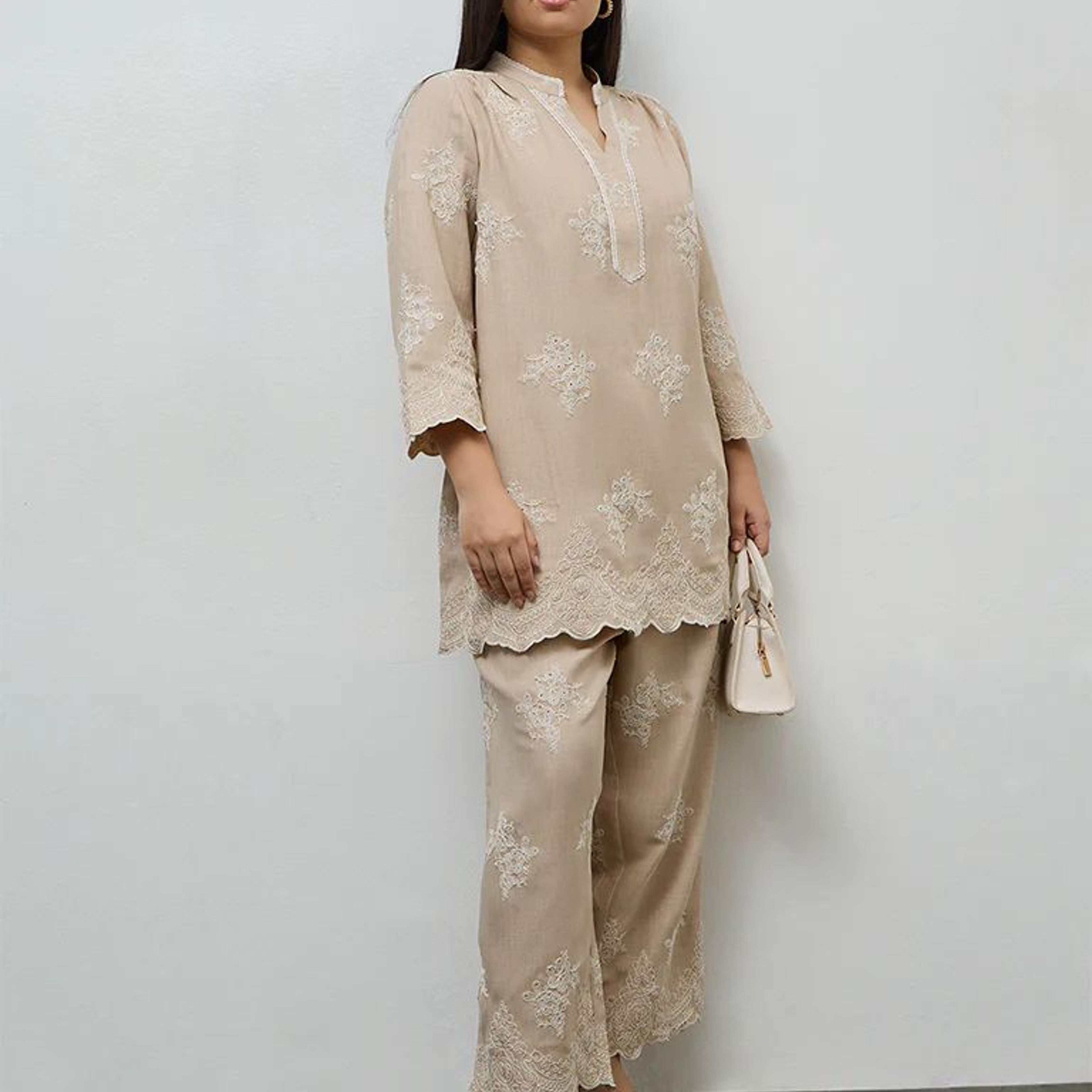Diza Beige Floral Embroidered Tunic
