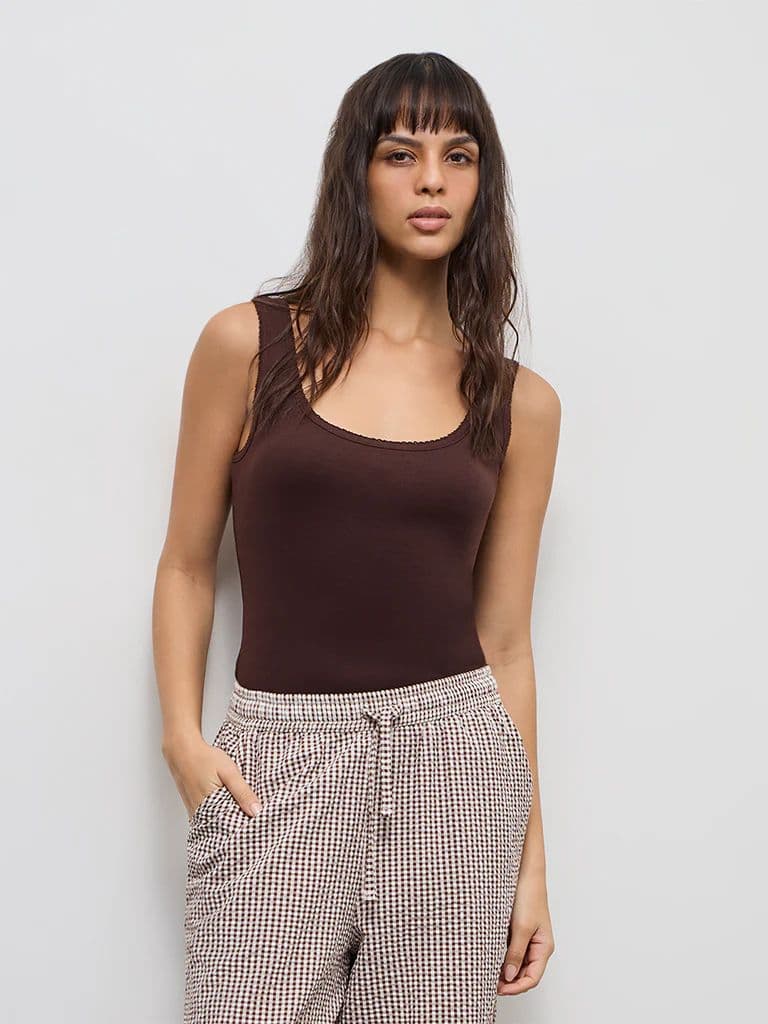 Wunderlove Dark Brown Ribbed-Textured Cotton Camisole — photo 2