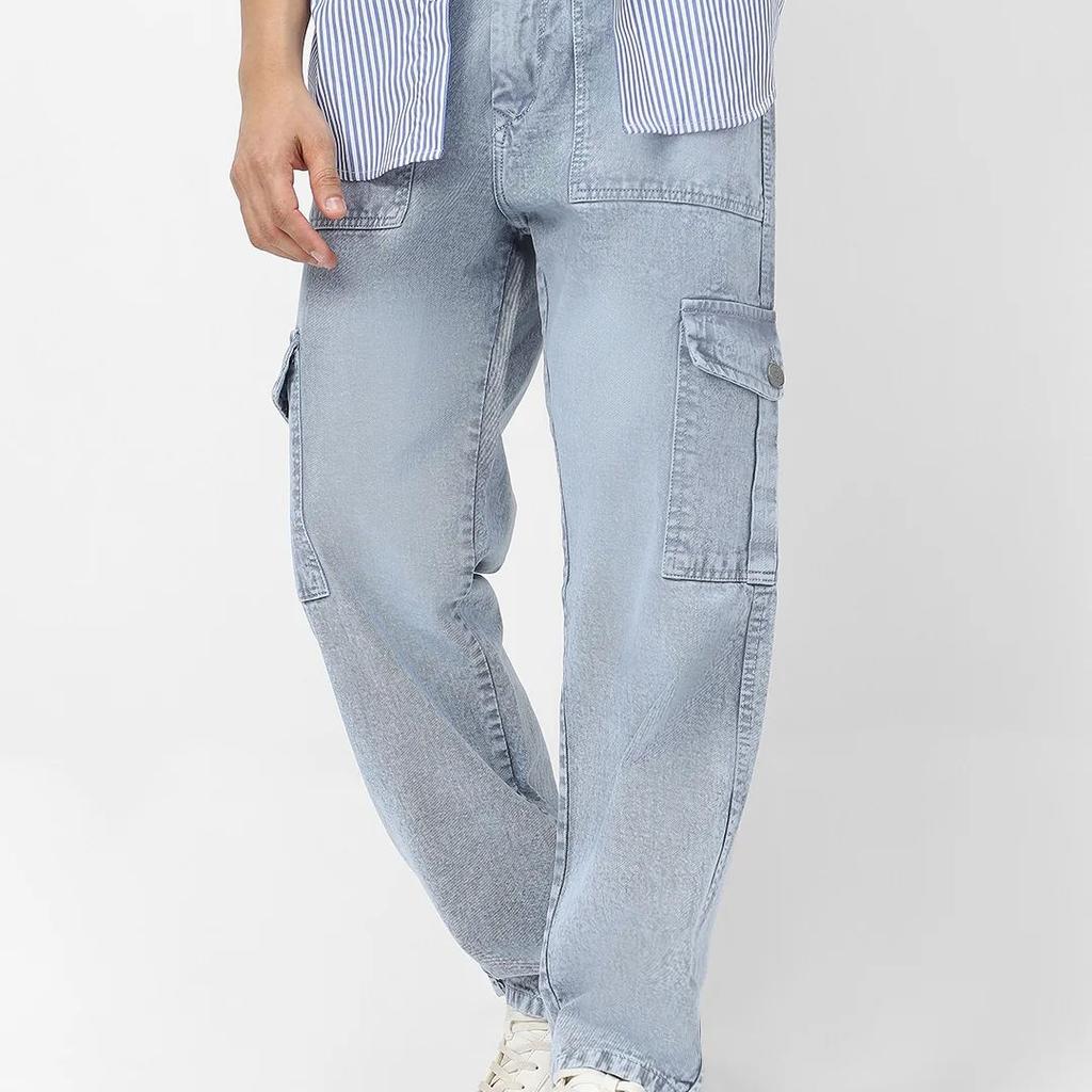 Men's Light Grey Loose Fit Cargo Jeans With 6 Pockets Non Stretchable