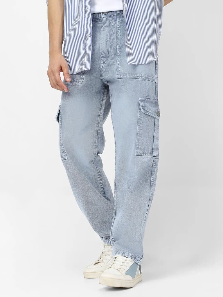 Men's Light Grey Loose Fit Cargo Jeans With 6 Pockets Non Stretchable — 28 / Light Grey