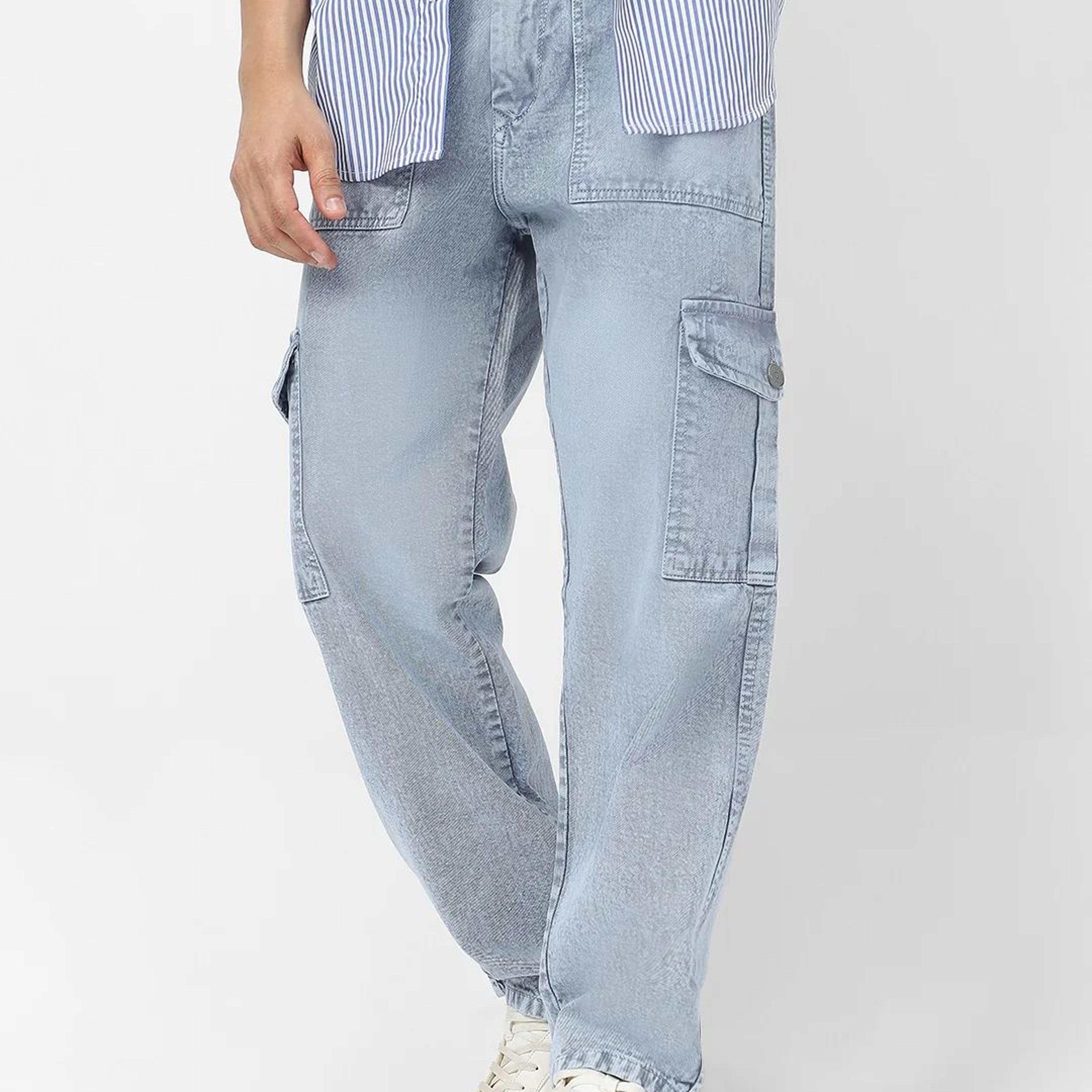Men's Light Grey Loose Fit Cargo Jeans With 6 Pockets Non Stretchable