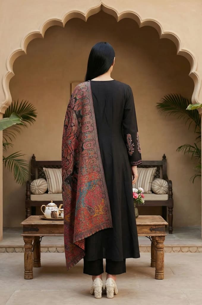 Black Embroidered Anarkali Kurta with Pants and Dupatta Set — photo 4
