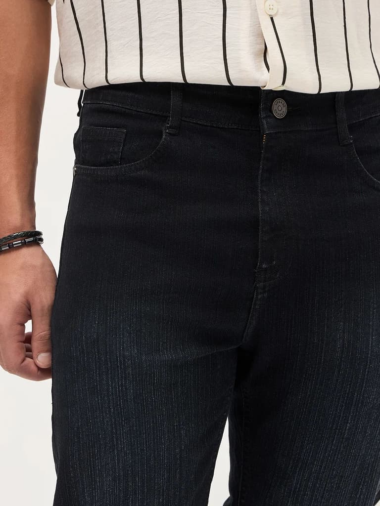 Men's Black Straight Fit Washed Denim Jeans Stretchable — photo 6