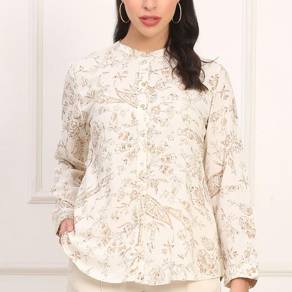 White Floral Printed Dobby Mandarin Collar Top