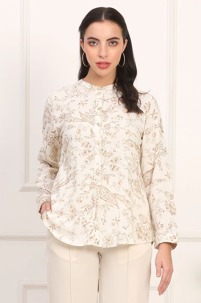 White Floral Printed Dobby Mandarin Collar Top — XS