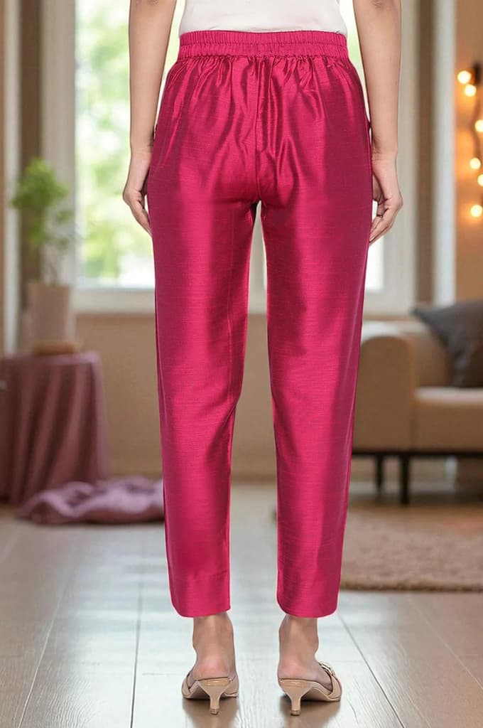 Pink Solid Mid Rise Slub Trousers in Ankle Length — photo 4